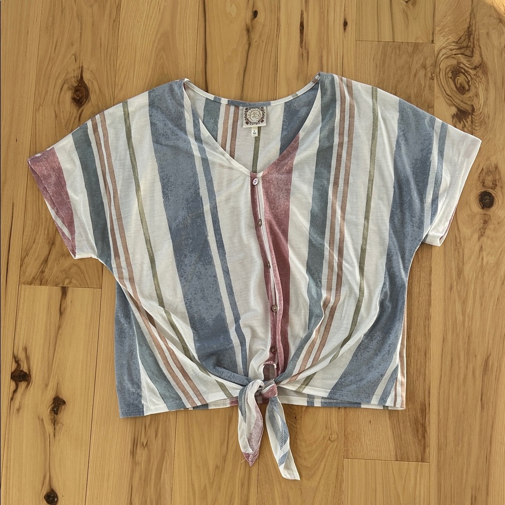 True Self White with Blue Pink Stripes Casual Tee Shirt Size L